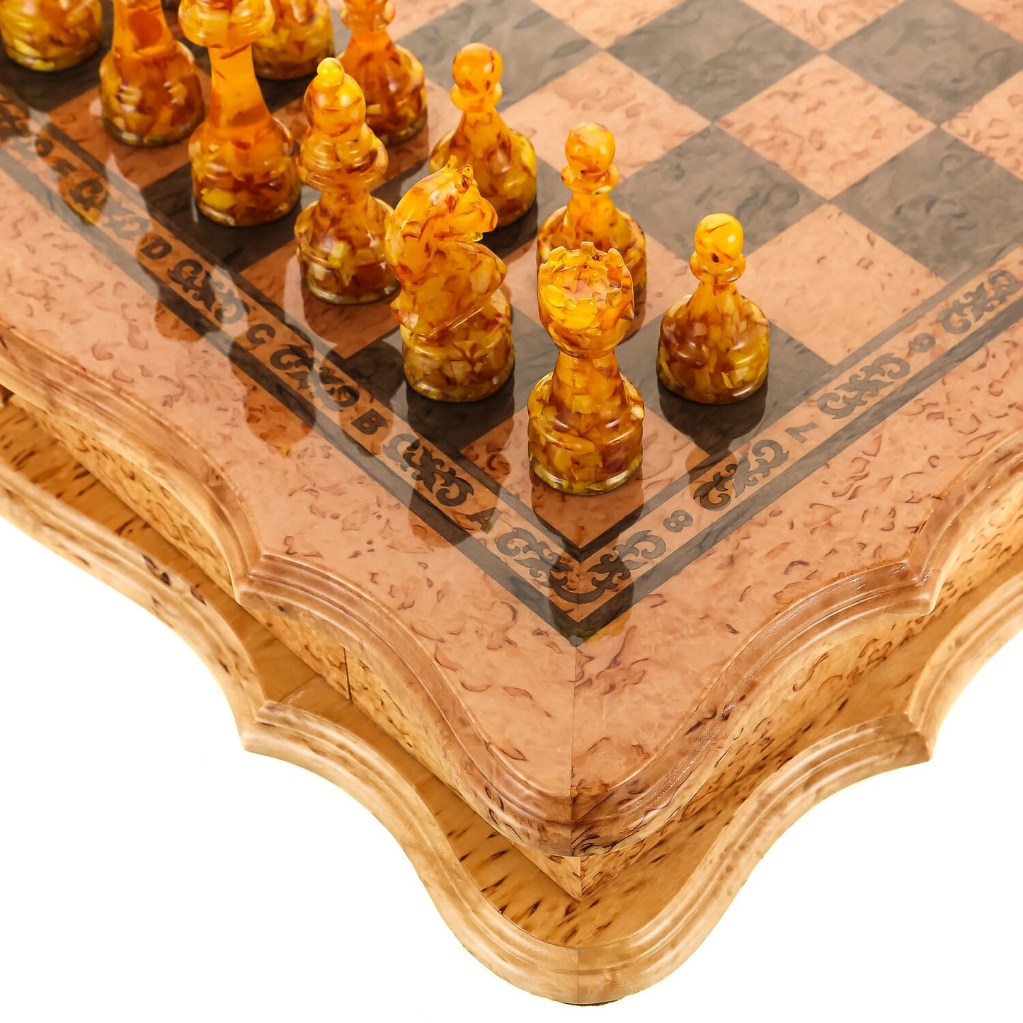 Karelian birch chess set with amber chess pieces|Unique chess|Wooden Chessboard with drawers|Amber Chess Figures|Board Game Gift|Chess gift