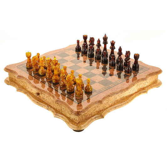 Karelian birch chess set with amber chess pieces|Unique chess|Wooden Chessboard with drawers|Amber Chess Figures|Board Game Gift|Chess gift