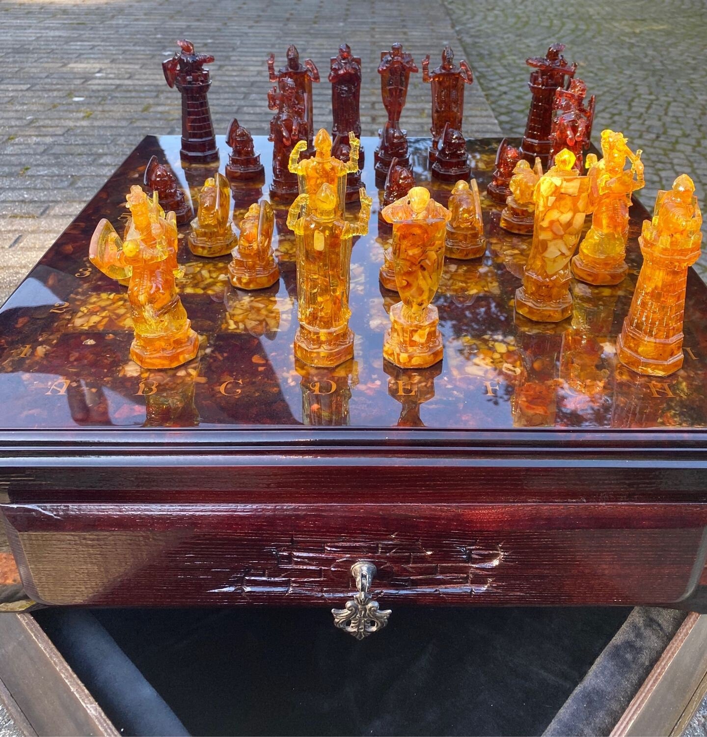 Wooden Chess set with amber chess figures|Amber Chess Pieces|Wood amber Chessboard |Board Game Gift|unique Chess gift