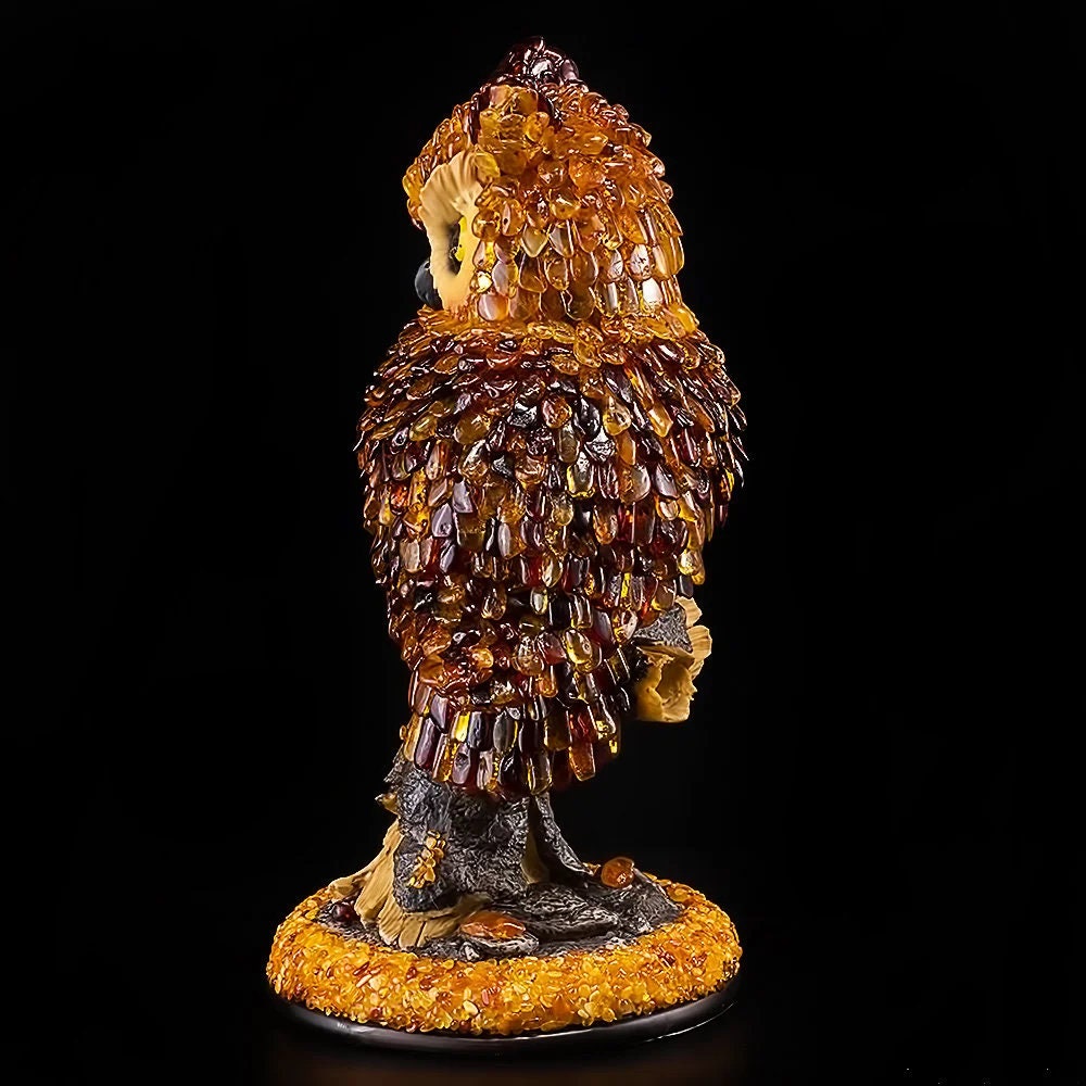 Handmade Large souvenir figurine inlaid with natural amber Owl on a stump|Baltic Amber Owl Statuette Amber owl Sculpture |unick gift|owl art