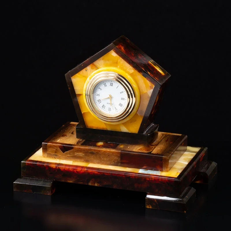 Luxury Business souvenir table Clock with natural amber mosaic|Amber Souvenir gift| Home Decor | Luxury Clock Amber| Unick Gift| Vip Gift