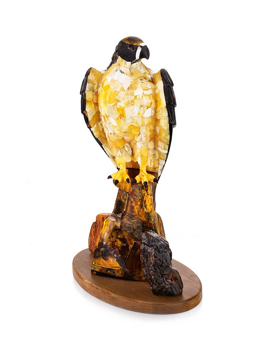 Carved statuette made of natural amber on a wooden stand Peregrine Falcon|Amber Souvenir Gift |Amber Falcon Figurine|Luxury Amber Statue