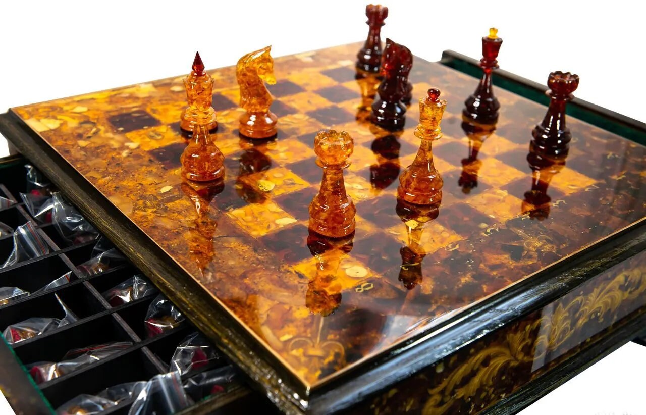 Amber Chess Set with Drawer and Exclusive Chess Pieces| Handcrafted Wooden Amber Chessboard | Deluxe Collectors' Edition Game Set| Vip chess