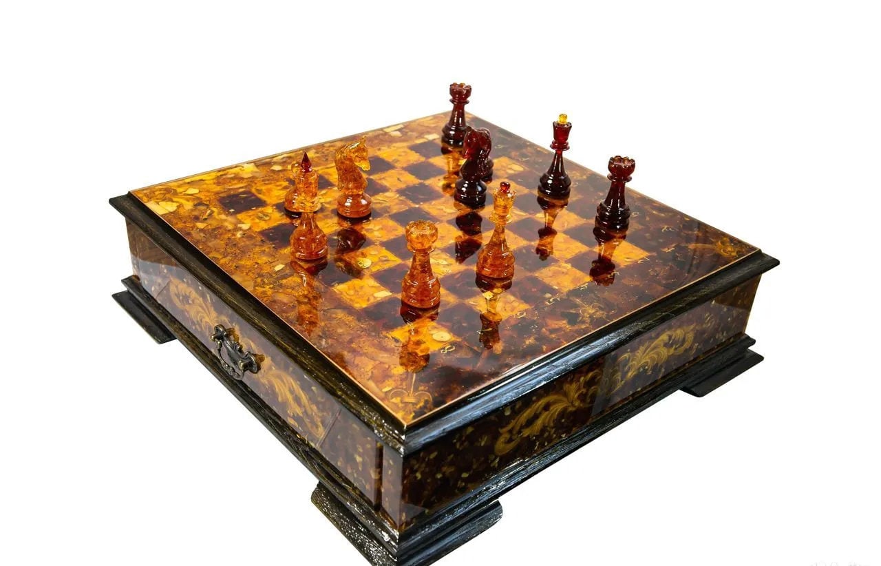 Amber Chess Set with Drawer and Exclusive Chess Pieces| Handcrafted Wooden Amber Chessboard | Deluxe Collectors' Edition Game Set| Vip chess