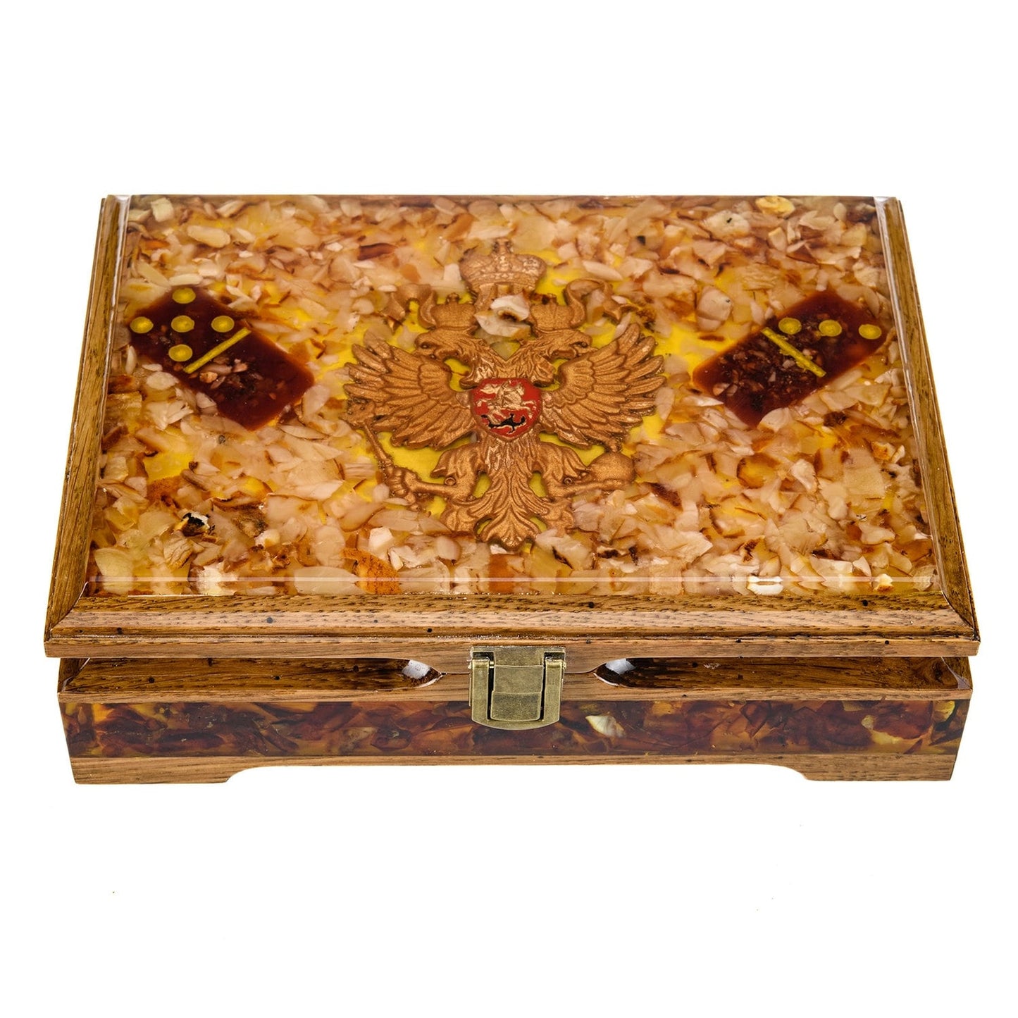 Unusual Amber domino with the coat of arms "Konigsberg" in carved wooden box| Natural Baltic Amber domino set|Amber bones Chips |Amber Chips