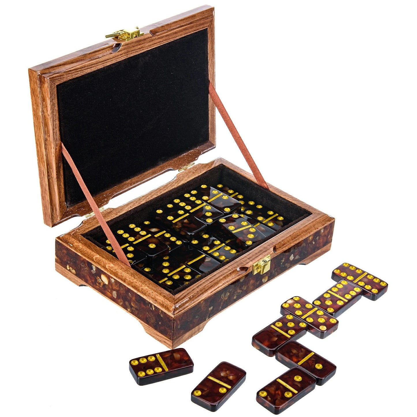 Unusual Amber domino with the coat of arms "Konigsberg" in carved wooden box| Natural Baltic Amber domino set|Amber bones Chips |Amber Chips