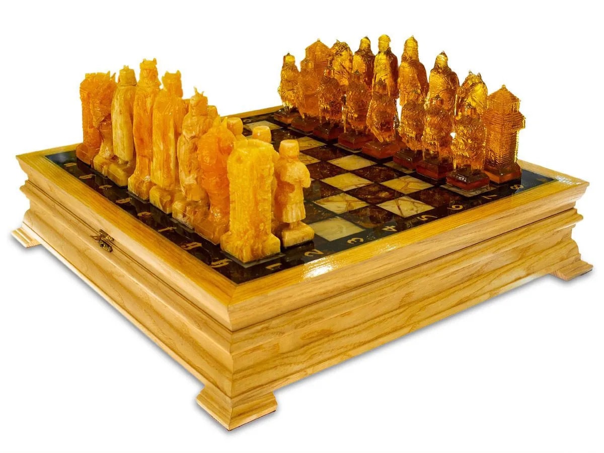 Large Amber chess set with luxurious Amber Pieces Heroes |Wooden amber Chessboard Chess Figures Board Game Vip Gift unique present Luxury