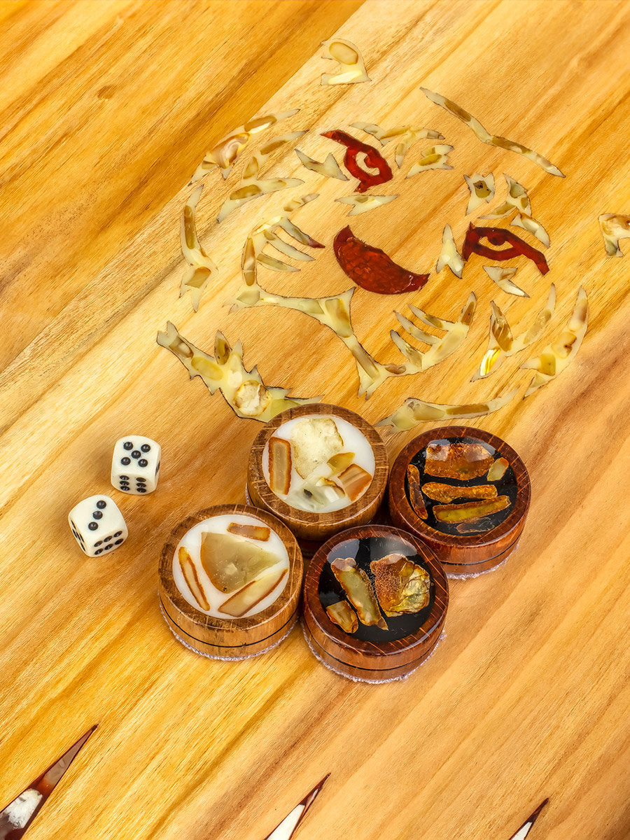 Luxury backgammon set Tiger made of wood with natural amber |Amber Backgammon Checkers|Mosaic amber carved tiger | Board Game| Vip Gift