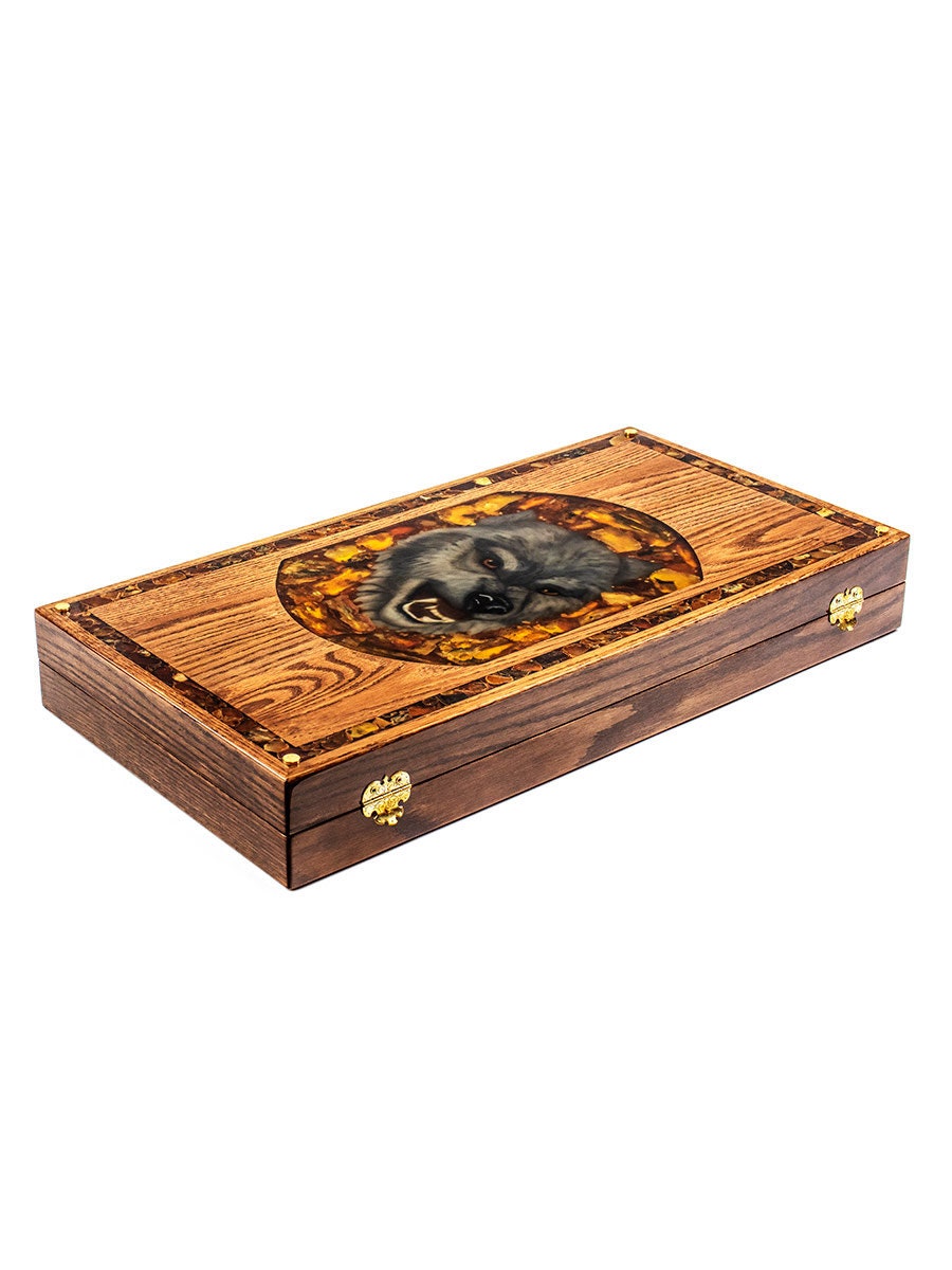 Luxury backgammon set made of wood and amber Wolf|Handmade Amber checkers|amber wood backgammon chips|Amber Dices cubes| Board Game|Vip Gift