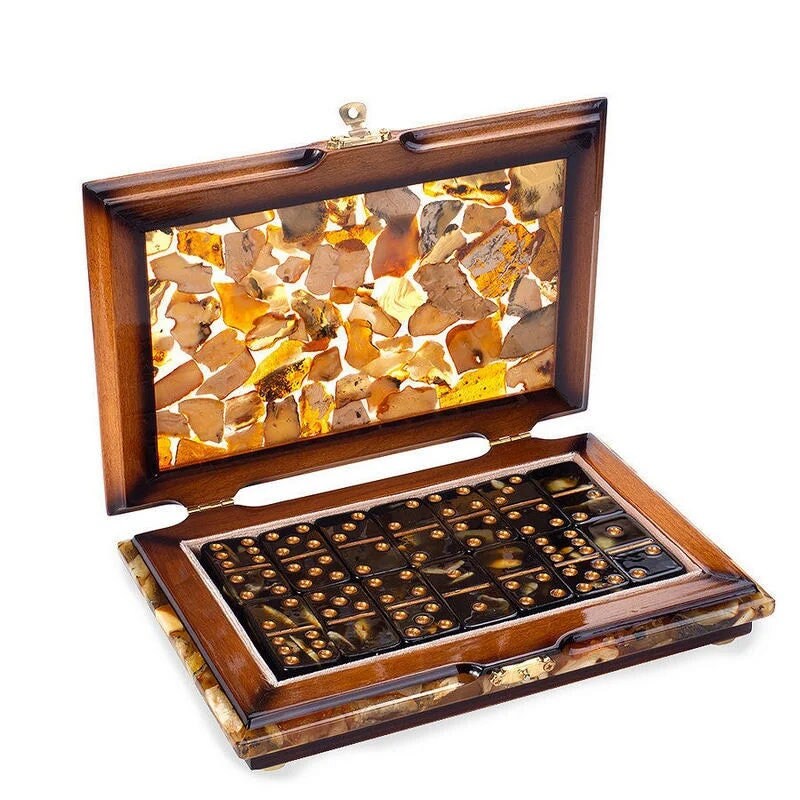 Luxury amber domino set with amber chips in wooden casket| Natural Baltic Amber domino set| Boar game|Amber bones Chips| Amber game Chips