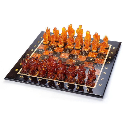 Large amber chess set made of oak wood with figures Medieval Knights|Amber chess pieces|Board Game|unique Chess gift