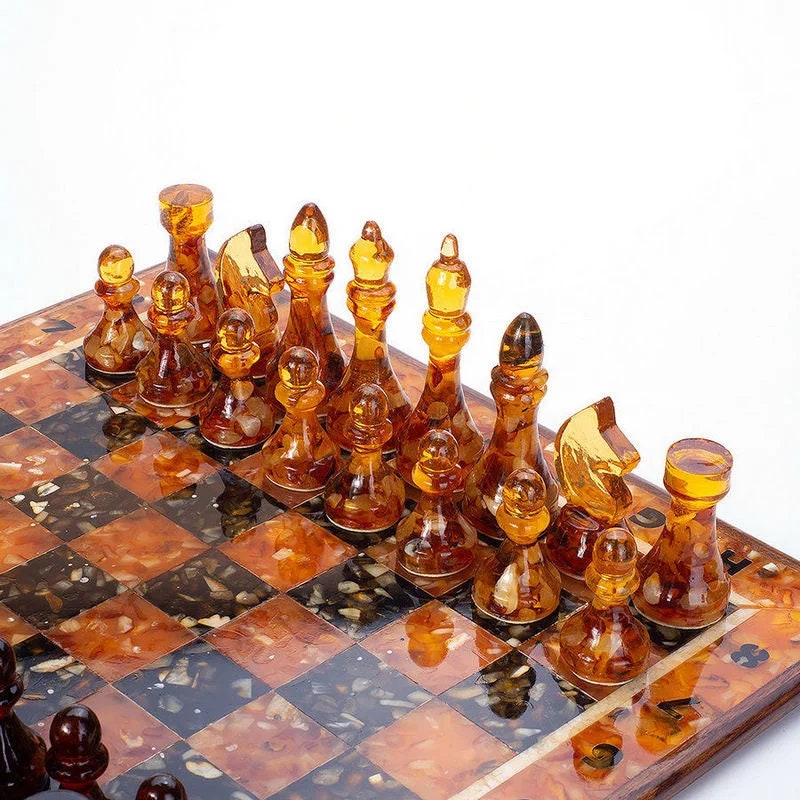 Luxury Large chess set with amber classic chess pieces|Wooden Amber Chessboard |Chess Figures|Board Game|Vip Gift|Unick luxury chess gift