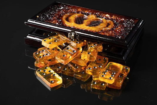 Domino set made of natural amber with chips in box-casket Golden Crown |Natural Baltic Amber domino game set |Amber bones Chips| Amber Chips