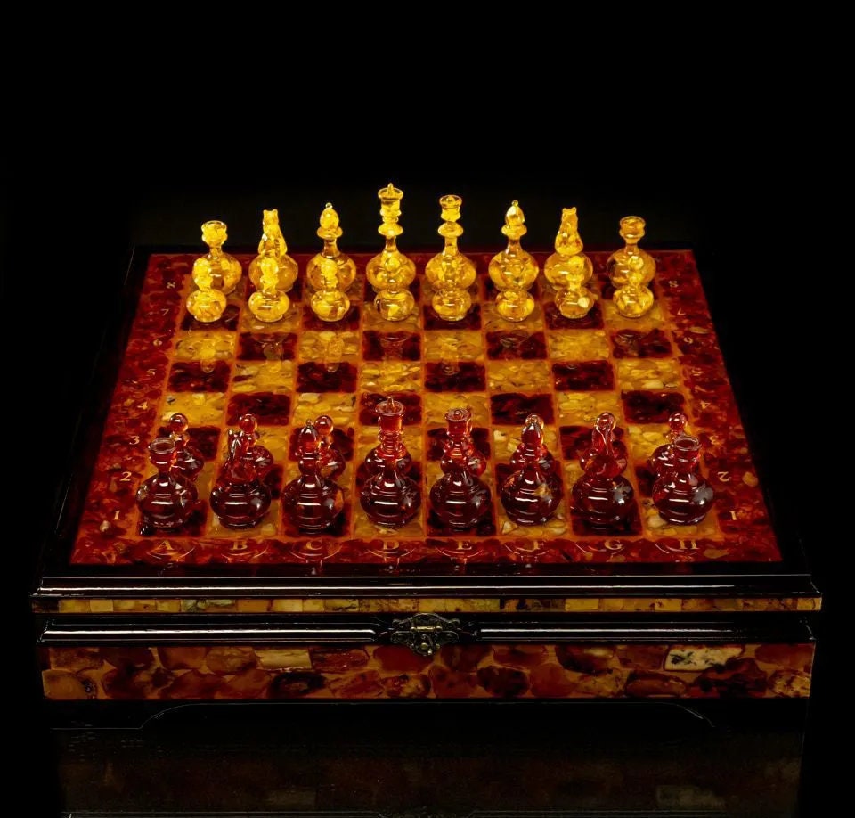 Handmade Wood Amber Chess set Diplomat 2in1|Amber chess Pieces checkers| Amber Chessboard|Chess Figures|Board Game|Vip Gift|Luxury Chess Set