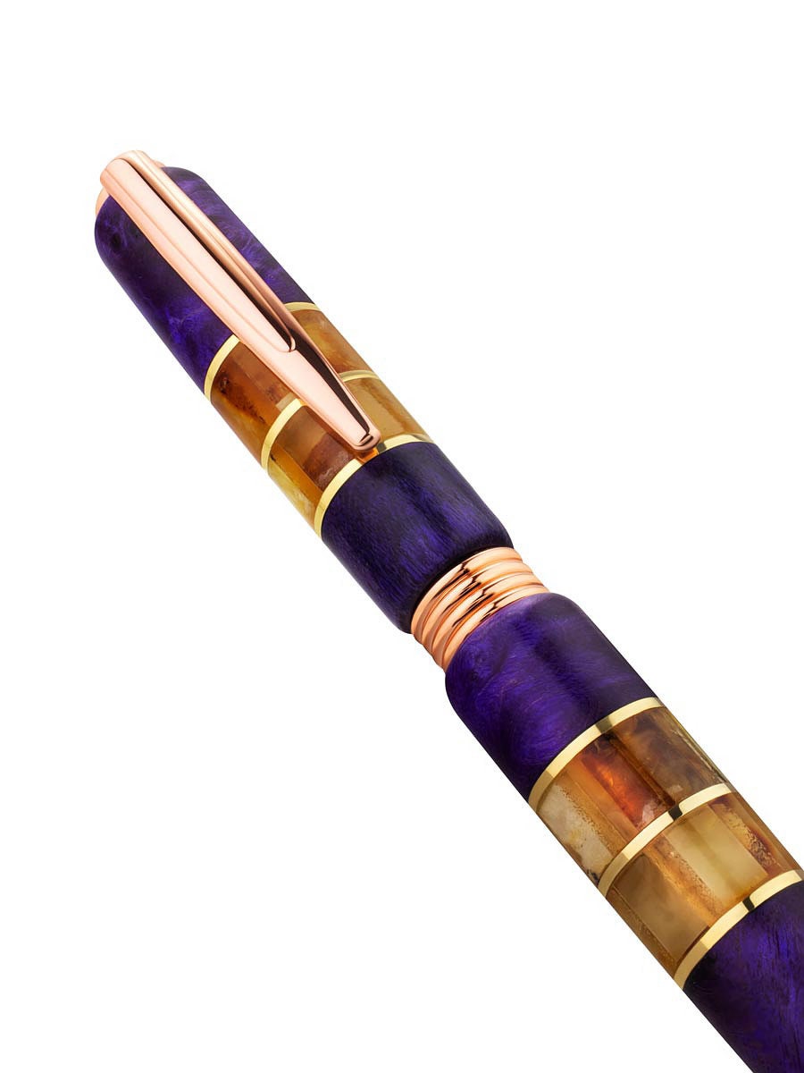 Unusual ballpoint pen made of amber and a picturesque birch leaf with purple tinting|Amber wood Pen|Luxury gift|Unick Gift|Gift for him