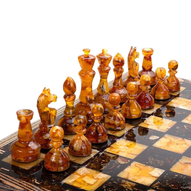 Handmade large chess set with natural amber figures|Wood Amber mosaic Chessboard|Amber Chess Figures|Board Game|Vip Gift|luxury chess gift