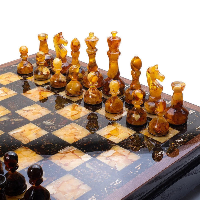 Handmade luxury chess set with natural amber figures|Wood Amber mosaic Chessboard|Amber Chess Figures|Board Game|Vip Gift|luxury chess gift