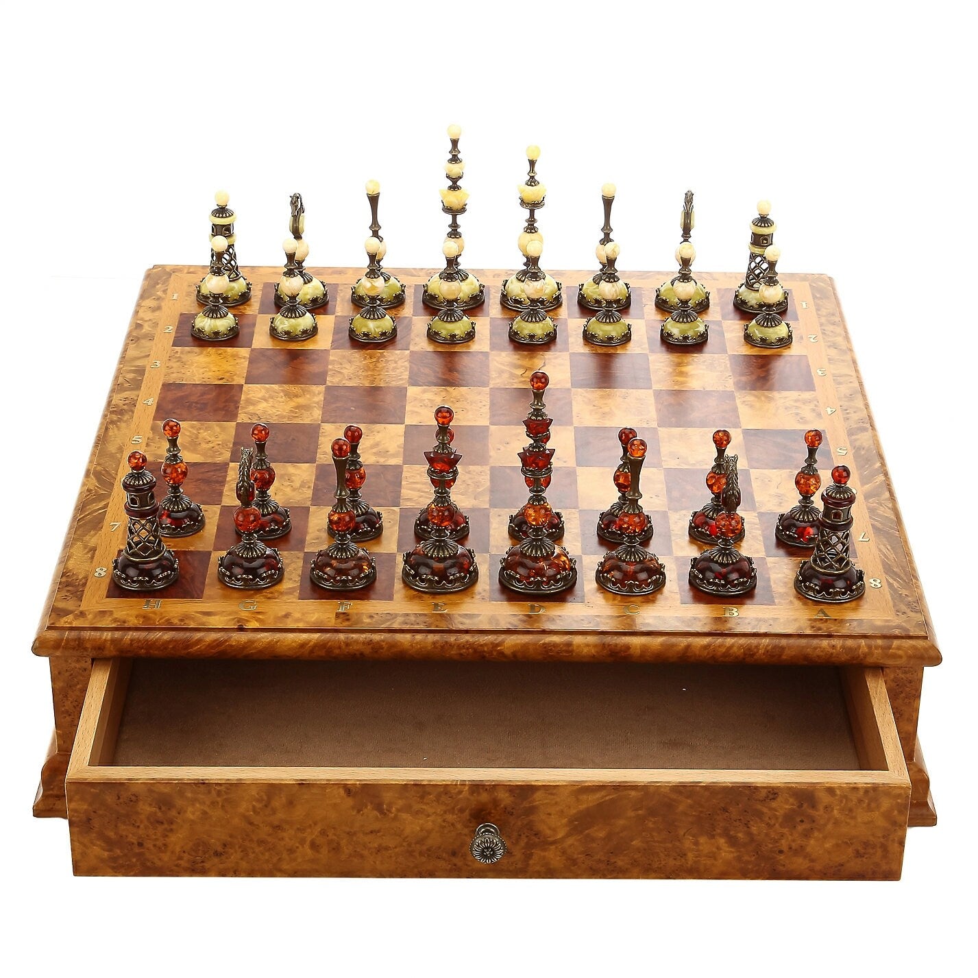 Chess set in birch cap casket with amber pieces 43x43cm|Unique chess|Wood Chessboard with drawers|Bronze Chess Figures|Board Game|Chess gift