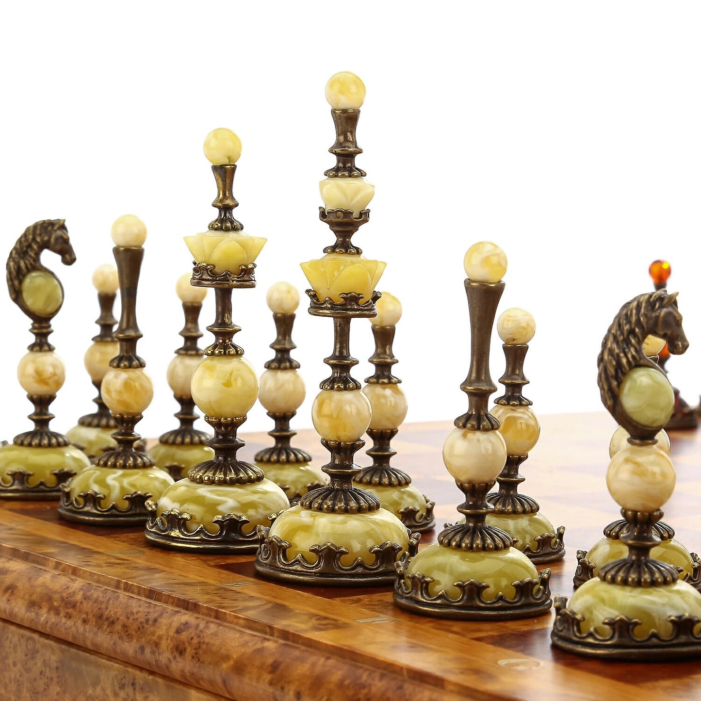 Chess set in birch cap casket with amber pieces 43x43cm|Unique chess|Wood Chessboard with drawers|Bronze Chess Figures|Board Game|Chess gift