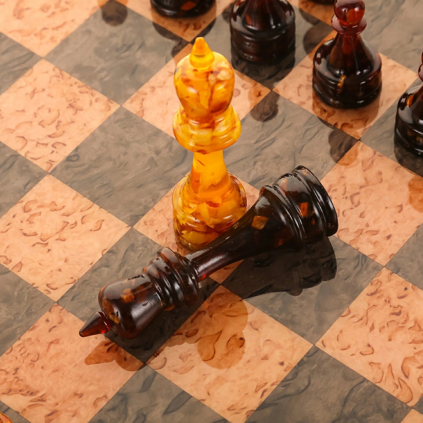 Karelian birch chess set with amber chess pieces|Unique chess|Wooden Chessboard with drawers|Amber Chess Figures|Board Game Gift|Chess gift