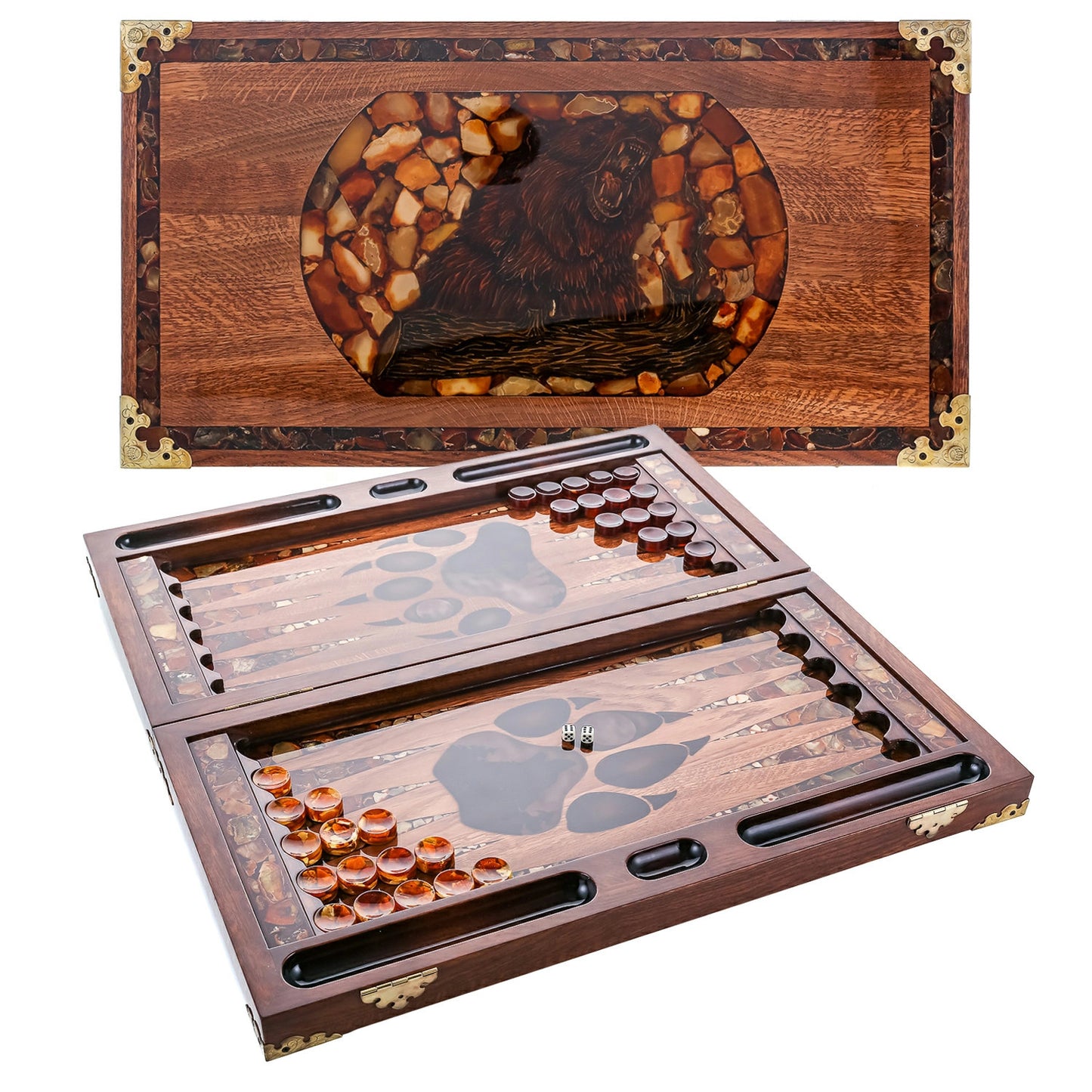 Luxury backgammon board made of wood and baltic amber carving Bear|Amber Backgammon chips|Checkers Amber Dices cubes|Board Game| Vip Gift