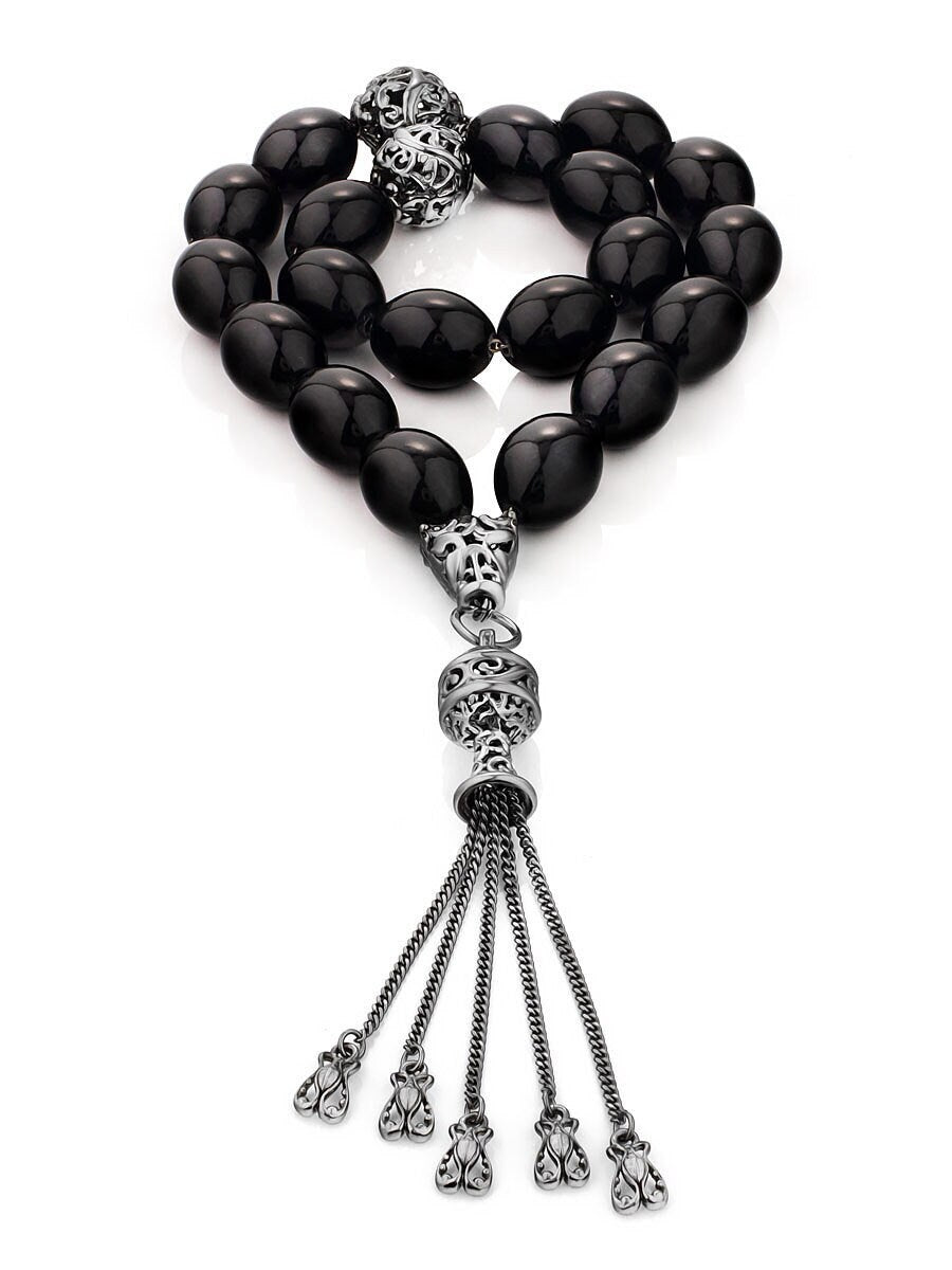 Rosary beads for 21 olive beads made of natural black amber and 925 sterling silver| Handmade Amber Rosary Beads| Misbaha Kahrab Taspih