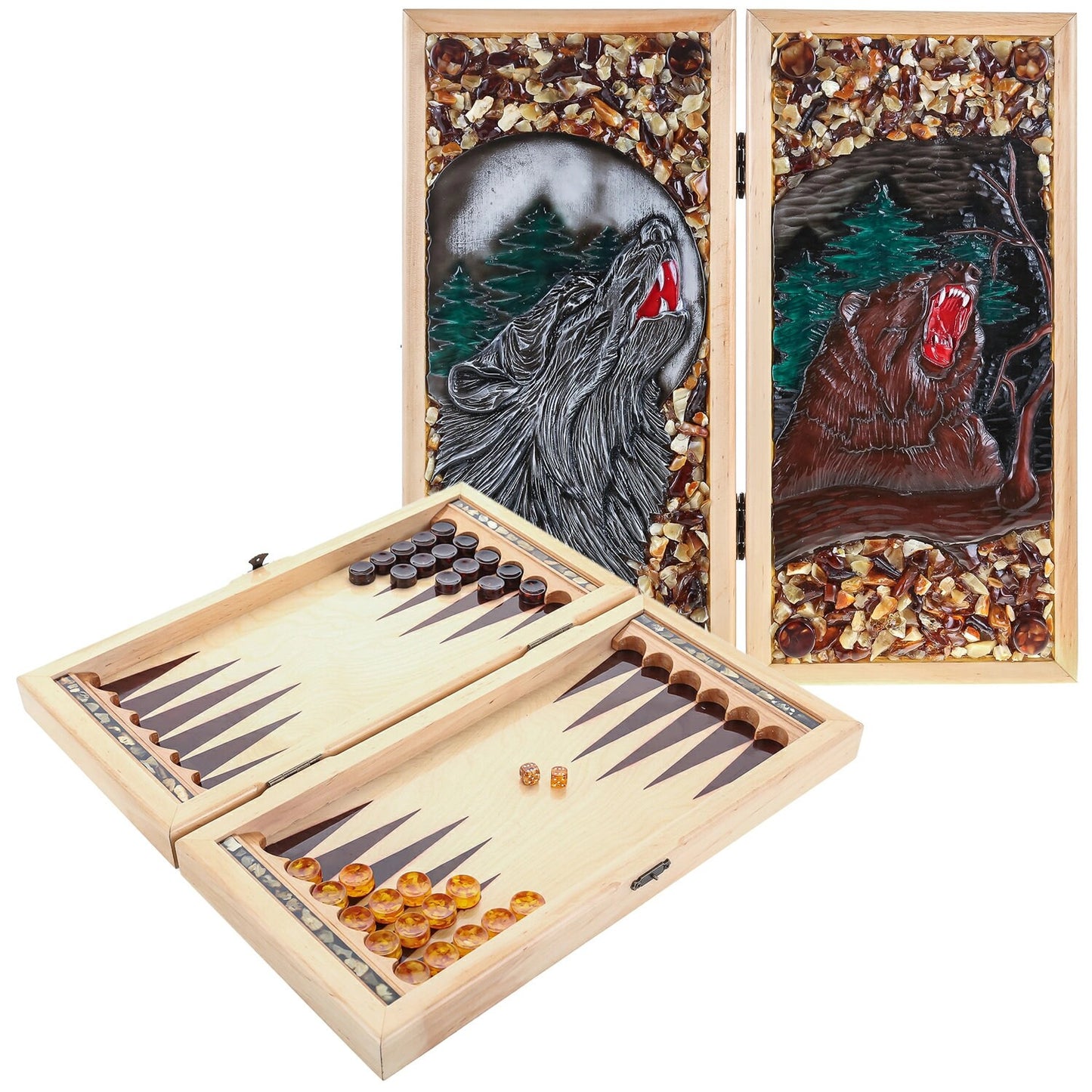 Luxury Backgammon Bear Wolf in the forest|backgammon board high quality wood is decorated Baltic Amber|Amber Backgammon Checkers amber dices