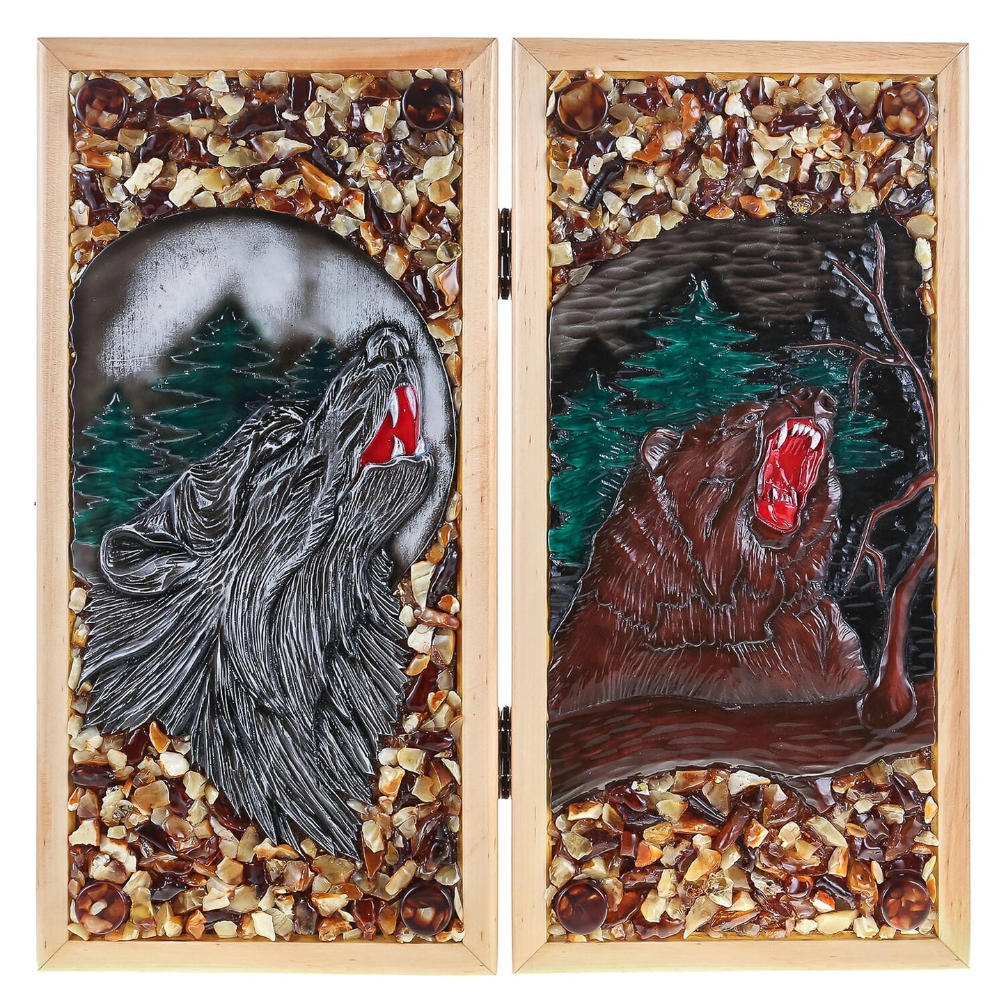 Luxury Backgammon Bear Wolf in the forest|backgammon board high quality wood is decorated Baltic Amber|Amber Backgammon Checkers amber dices