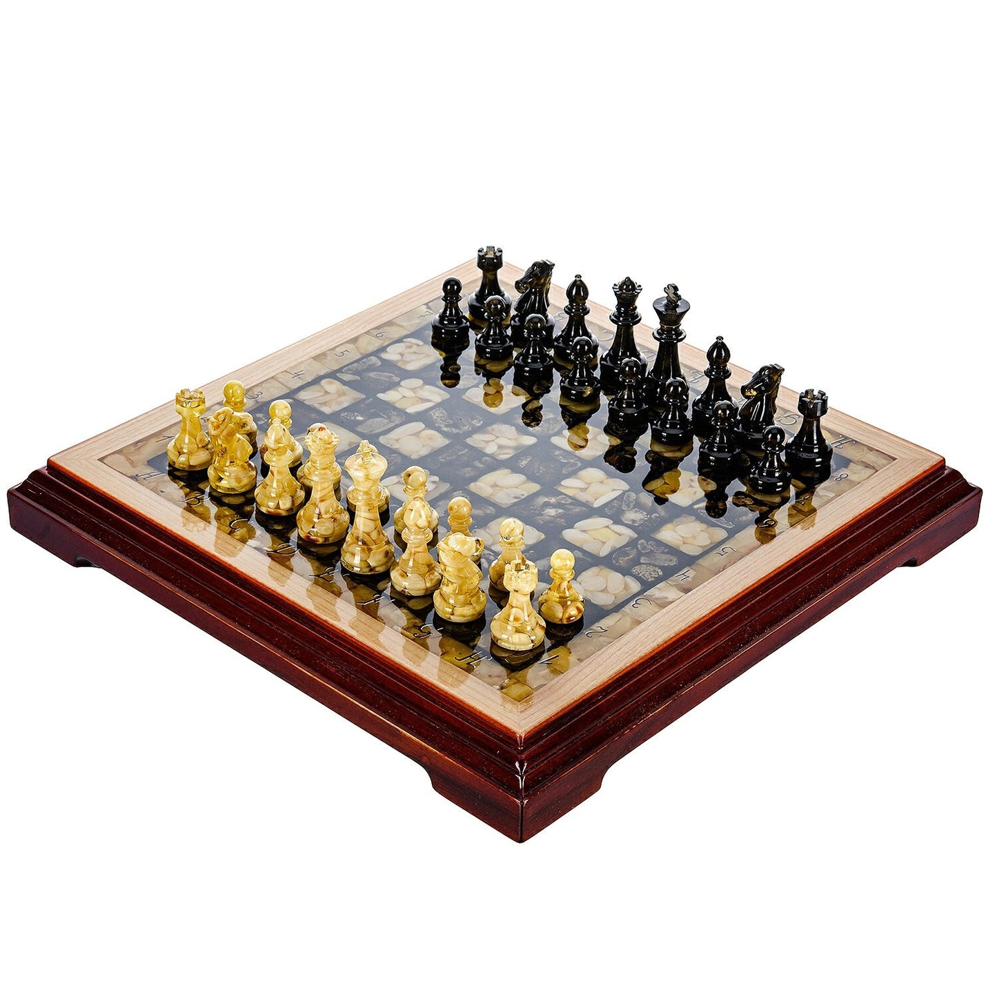 Handmade wood Amber chess set with classic carved figures on legs|Wood Amber Chessboard |Chess Figures|Board Game|Vip Gift|Unick chess gift