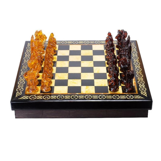 Large amber chess set in an oak casket with large knight pieces|Wooden Amber Chessboard|Amber Chess Figures|Board Game|Vip Gift|chess gift