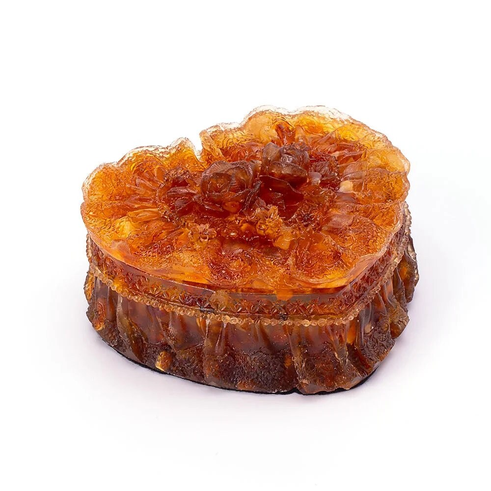 Openwork box with natural amber Heart with roses| Unick Amber Box|Jewelry casket-box| Amber Heart Box |Handmade Jewelry Box| Gift for her