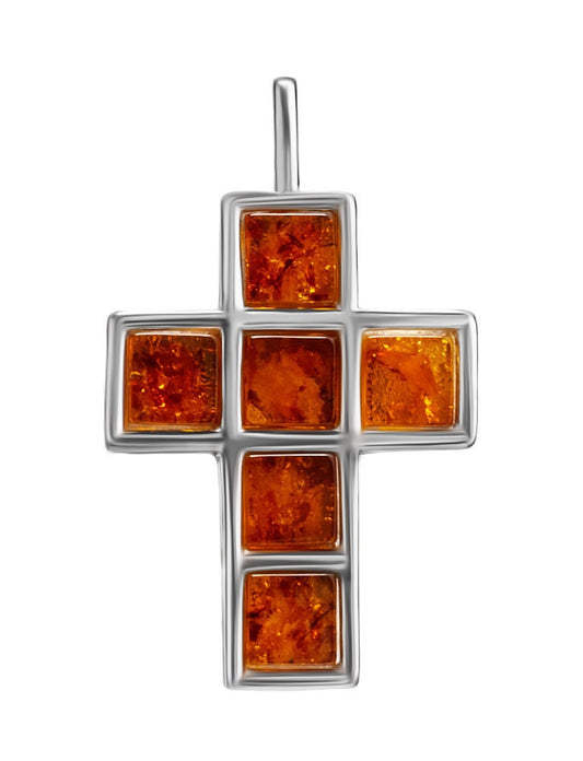 Unusual Pendant Cross made of Natural Baltic Amber cognac color | Silver Amber Cross Pendant | Amber Jewelry Gift | Religious Gift Jesus