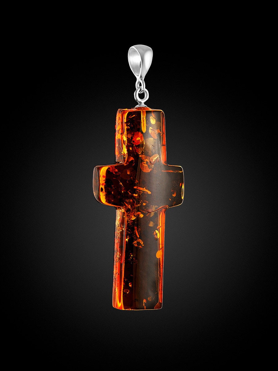 Large Pendant Cross made of Natural Baltic Amber of beautiful Tea Shade |Amber Cross Pendant | Amber Jewelry Gift | Religious Gift Jesus