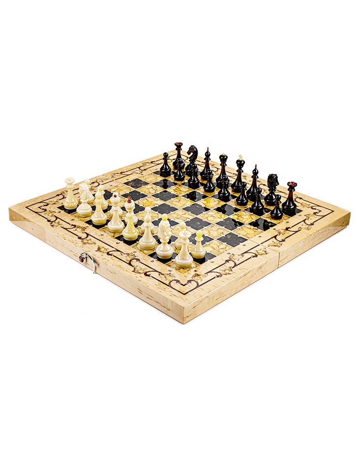 WOODEN FOLDING CHESS Set with Amber Chess Pieces| Premium Wooden Chessboard |Amber Chess Figures |Board Game| Portable Chess set