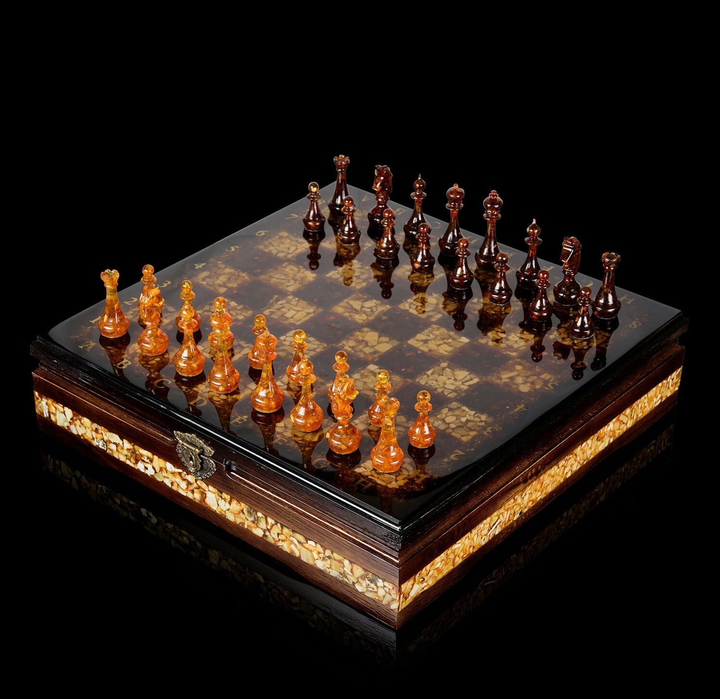 Luxury wooden Chess set with amber mosaics and figures|Chess Pieces|Wooden Chessboard |Chess Figures|Board Game Gift|Handmade Luxury Chess