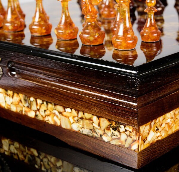 Luxury wooden Chess set with amber mosaics and figures|Chess Pieces|Wooden Chessboard |Chess Figures|Board Game Gift|Handmade Luxury Chess