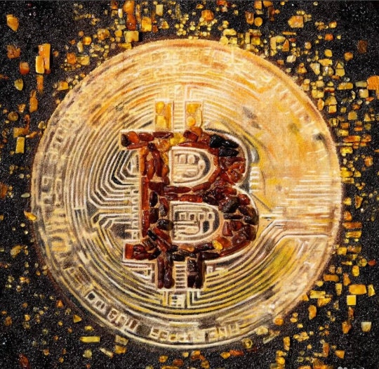 Bitcoin painting made of Natural Baltic Amber in wooden frame |Handmade Picture Cryptocurrency Bitcoin Logo | Crypto Wall Art | Wall Decor