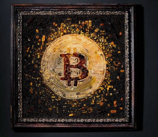 Bitcoin painting made of Natural Baltic Amber in wooden frame |Handmade Picture Cryptocurrency Bitcoin Logo | Crypto Wall Art | Wall Decor