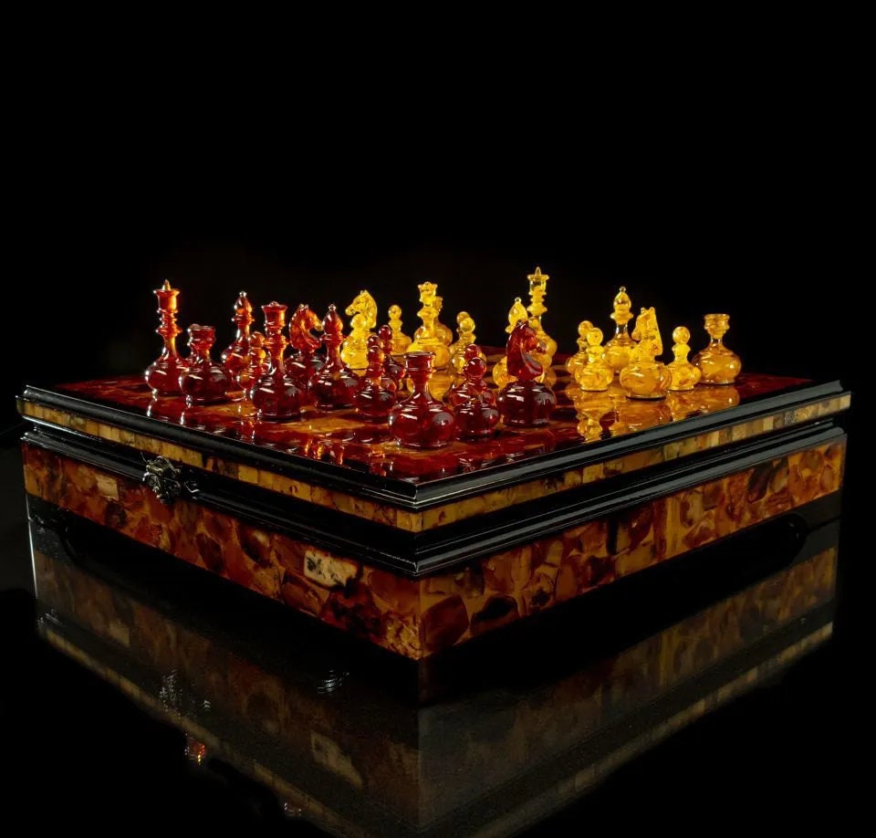 Handmade Wood Amber Chess set Diplomat 2in1|Amber chess Pieces checkers| Amber Chessboard|Chess Figures|Board Game|Vip Gift|Luxury Chess Set