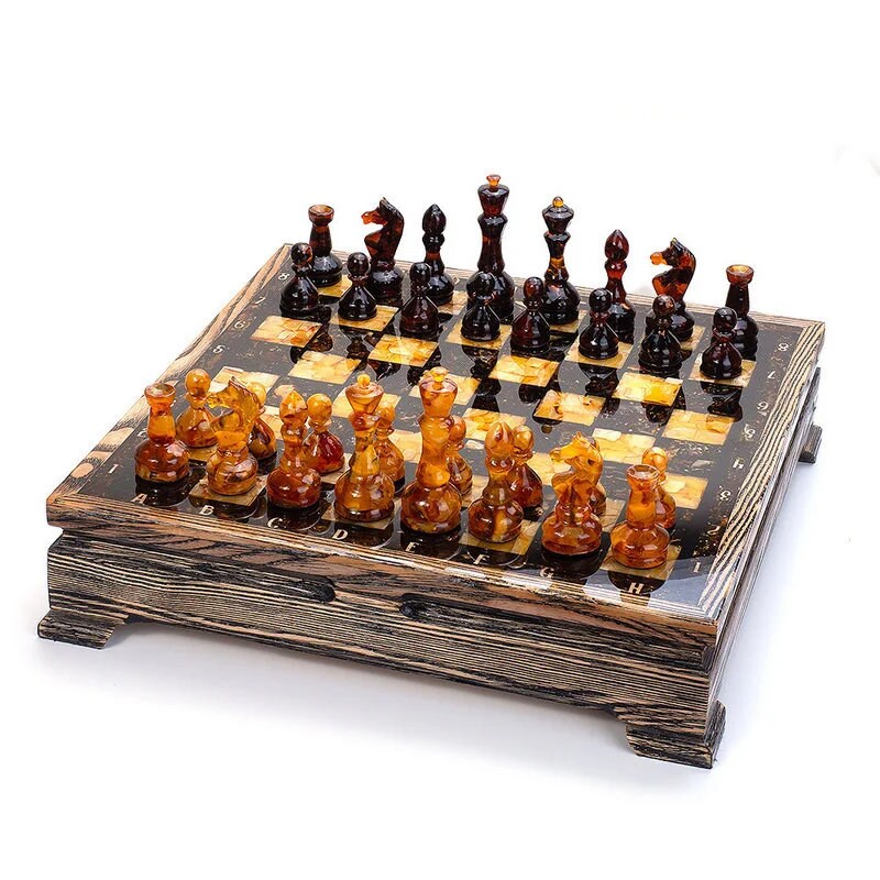 Handmade large chess set with natural amber figures|Wood Amber mosaic Chessboard|Amber Chess Figures|Board Game|Vip Gift|luxury chess gift