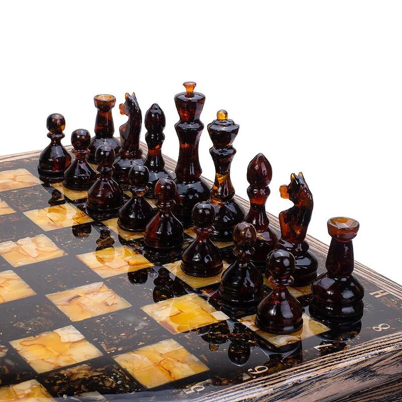 Handmade large chess set with natural amber figures|Wood Amber mosaic Chessboard|Amber Chess Figures|Board Game|Vip Gift|luxury chess gift