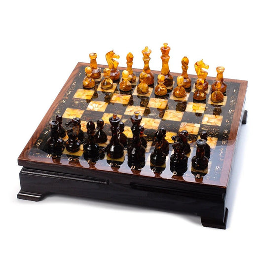 Handmade luxury chess set with natural amber figures|Wood Amber mosaic Chessboard|Amber Chess Figures|Board Game|Vip Gift|luxury chess gift