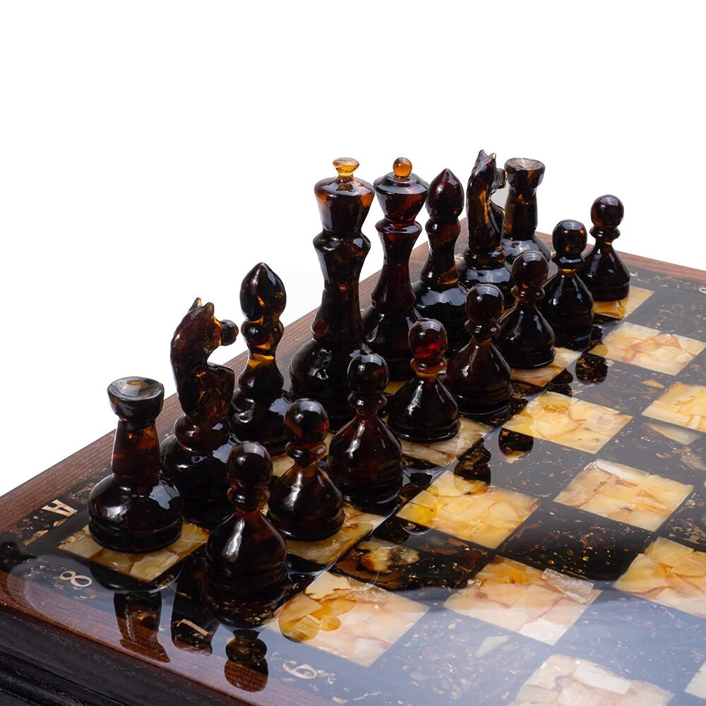 Handmade luxury chess set with natural amber figures|Wood Amber mosaic Chessboard|Amber Chess Figures|Board Game|Vip Gift|luxury chess gift