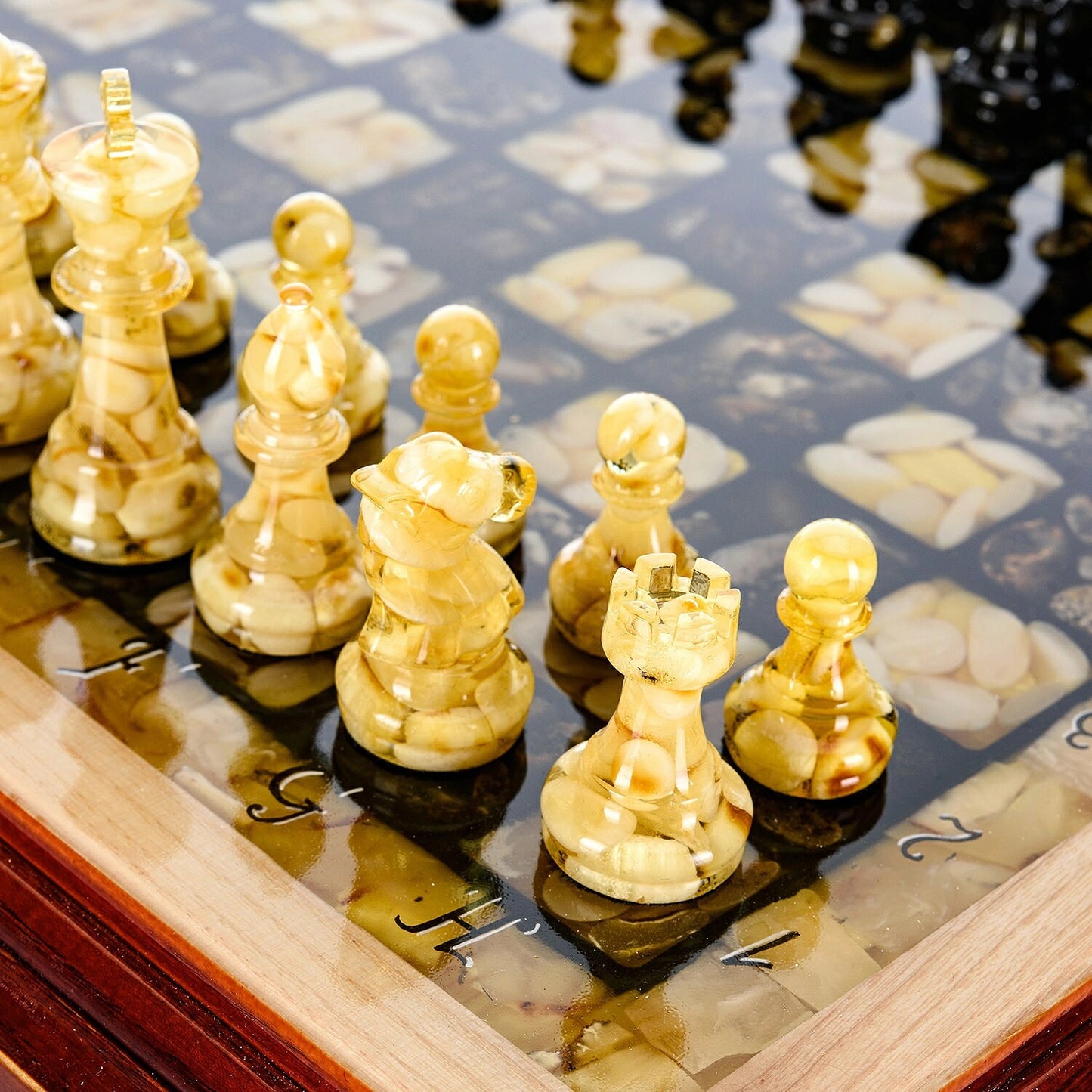 Handmade wood Amber chess set with classic carved figures on legs|Wood Amber Chessboard |Chess Figures|Board Game|Vip Gift|Unick chess gift