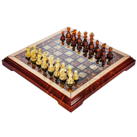 Handmade wood Amber chess set with classic carved chess pieces|Wood Amber Chessboard |Chess Figures|Board Game|Vip Gift|Unick chess gift