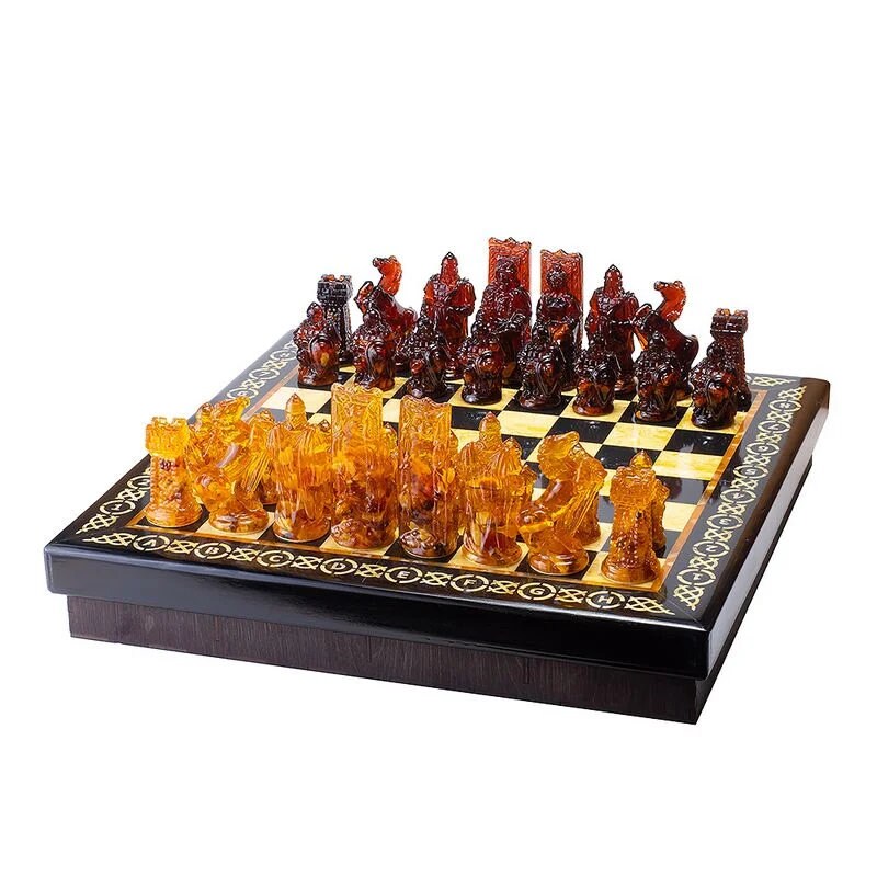 Large amber chess set in an oak casket with large knight pieces|Wooden Amber Chessboard|Amber Chess Figures|Board Game|Vip Gift|chess gift