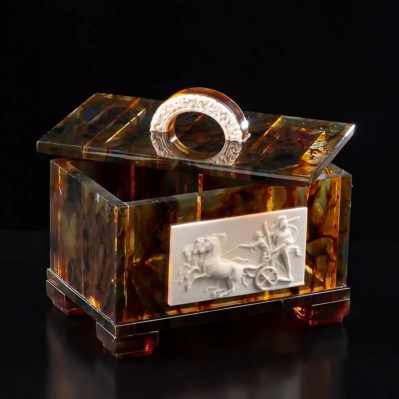 Large casket made of natural amber with bas-relief of Roman cavalry| amber jewelry box-casket| amber box |amber storage chest|Keepsake box