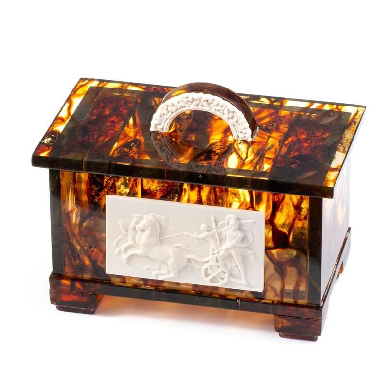 Large casket made of natural amber with bas-relief of Roman cavalry| amber jewelry box-casket| amber box |amber storage chest|Keepsake box