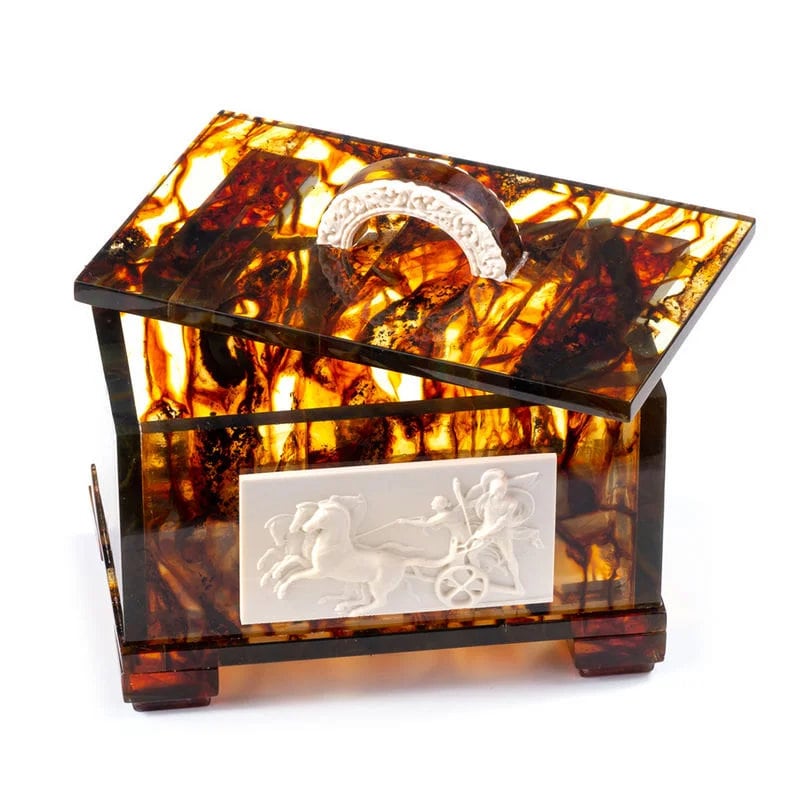 Large casket made of natural amber with bas-relief of Roman cavalry| amber jewelry box-casket| amber box |amber storage chest|Keepsake box