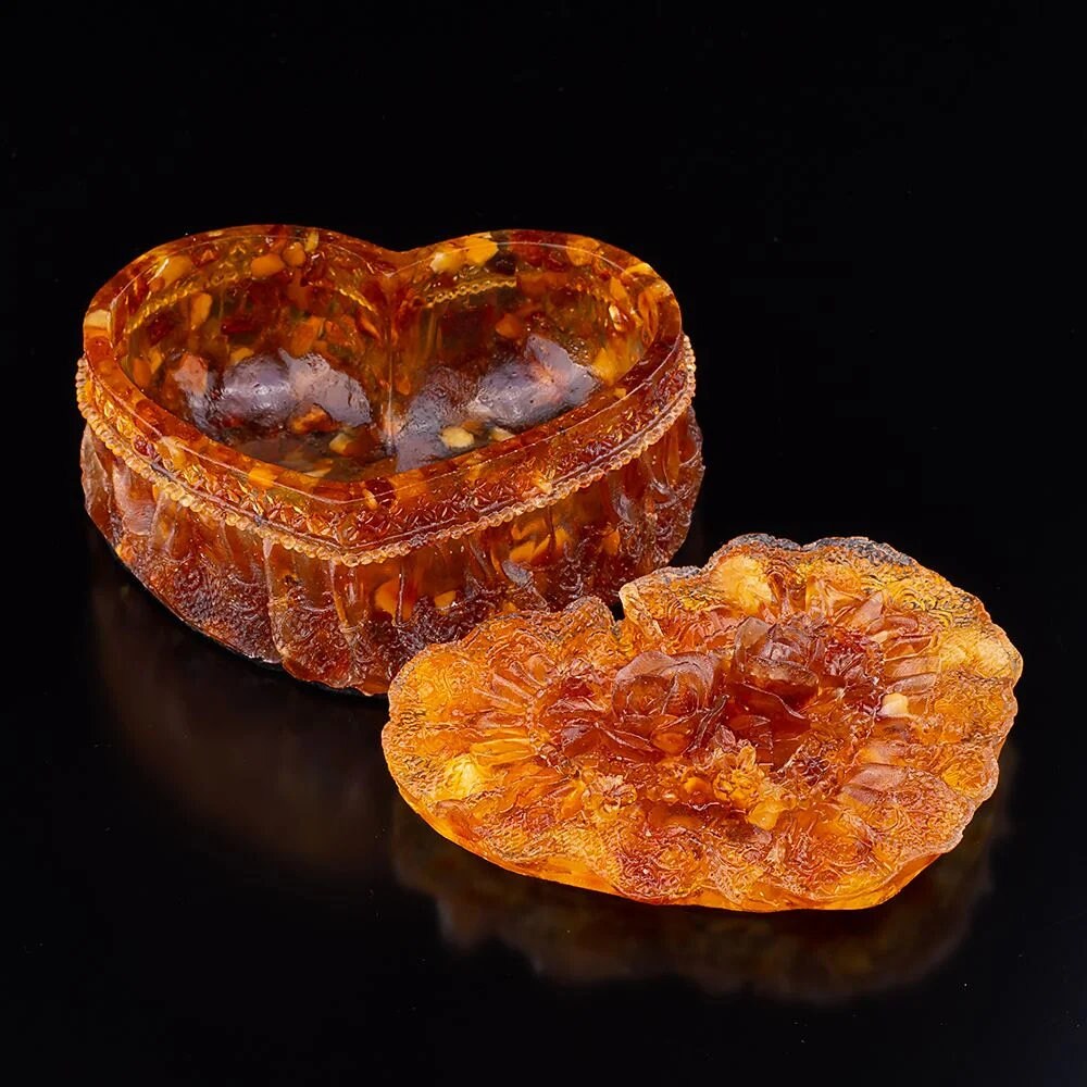 Openwork box with natural amber Heart with roses| Unick Amber Box|Jewelry casket-box| Amber Heart Box |Handmade Jewelry Box| Gift for her